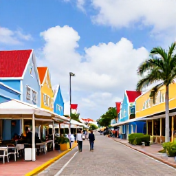 Caribbean Holidays, February Holidays, Colourful Oranjestad street in Aruba with Dutch Caribbean architecture, caf&eacute;s, palm trees and people exploring