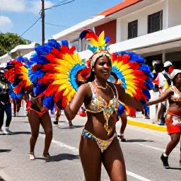 Caribbean Holidays, February Holidays, Colourful Trinidad Carnival street parade in Port of Spain with dancers, feathers, costumes and cheerful crowds under bright Caribbean sunshine