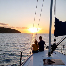 Caribbean Holidays, February Holidays, Couple enjoying a private sunset sailing trip near Nassau in the Bahamas, calm blue sea and island coastline