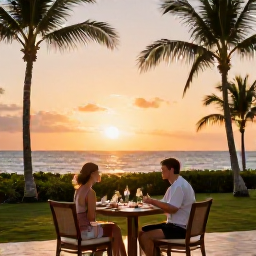 Caribbean Holidays, February Holidays, Couple enjoying a relaxed sunset dinner at a Caribbean all-inclusive resort, with palm trees, warm light and ocean views