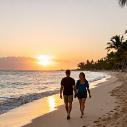 Caribbean Holidays, February Holidays, Couple enjoying a sunset walk beside a Dominican Republic all-inclusive resort beach in February