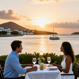 Caribbean Holidays, February Holidays, Couple enjoying an elegant outdoor dinner overlooking Gustavia harbour at sunset in Saint Barth&eacute;lemy
