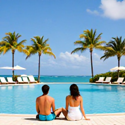 Caribbean Holidays, February Holidays, Couple relaxing beside a peaceful Aruba resort pool with palm trees, sun loungers and bright blue sky