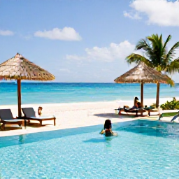 Caribbean Holidays, February Holidays, Couple relaxing beside a stylish beachfront resort pool in The Bahamas during a sunny February afternoon
