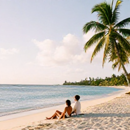 Caribbean Holidays, February Holidays, Couple relaxing on a quiet sandy beach in Saint Kitts, with calm turquoise water, palm trees and soft February sunlight
