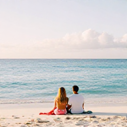 Caribbean Holidays, February Holidays, Couple relaxing together on a quiet white-sand beach in the Bahamas during February, turquoise sea and soft morning light