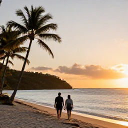 Caribbean Holidays, February Holidays, Couple walking along a quiet British Virgin Islands beach at sunset, with palm trees, calm sea and warm golden February light