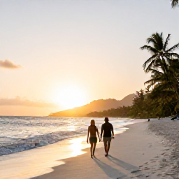 Caribbean Holidays, February Holidays, Couple walking along a quiet white-sand beach in Saint Vincent and the Grenadines beneath a warm February sunset