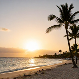 Caribbean Holidays, February Holidays, Cura&ccedil;ao sunset over a quiet beach with warm evening light, gently swaying palms and relaxed travellers