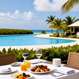 Caribbean Holidays, February Holidays, Elegant all-inclusive resort dining terrace in Saint Kitts, serving fresh Caribbean food beside a palm-fringed swimming pool