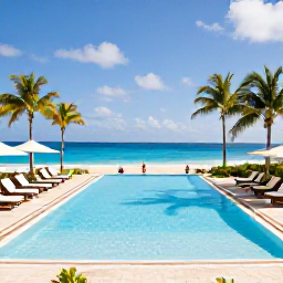 Caribbean Holidays, February Holidays, Elegant all-inclusive resort pool overlooking a Caribbean beach in Sint Maarten, with sun loungers and palm trees