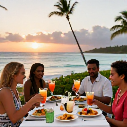 Caribbean Holidays, February Holidays, Elegant beachfront dining at a Saint Kitts all-inclusive resort at sunset, local dishes, tropical drinks and guests enjoying dinner