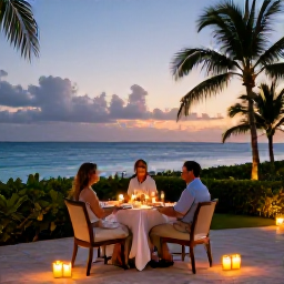 Caribbean Holidays, February Holidays, Elegant beachfront dinner for two at an adults-only Caribbean resort in Saint Kitts, with candles, tropical evening sky and ocean view