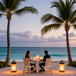 Caribbean Holidays, February Holidays, Elegant beachfront dinner for two in the Bahamas at dusk, lanterns, palm trees and ocean views