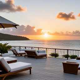 Caribbean Holidays, February Holidays, Elegant beachfront hotel terrace overlooking the Caribbean Sea at sunset in Saint Vincent and the Grenadines