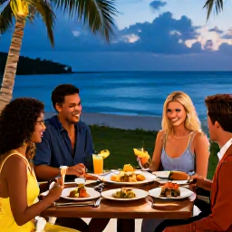 Caribbean Holidays, February Holidays, Elegant Caribbean dinner at an all-inclusive resort in Trinidad and Tobago, with fresh local food, tropical drinks and relaxed evening lighting