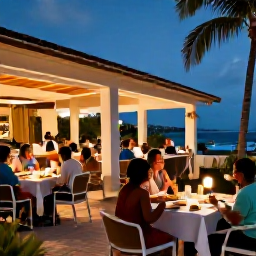Caribbean Holidays, February Holidays, Friendly all-inclusive resort evening on Saint Martin, with outdoor dining, softly lit terraces and guests enjoying Caribbean food