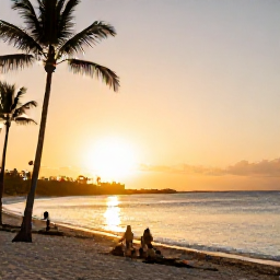 Caribbean Holidays, February Holidays, Golden sunset over a calm Bahamian beach with palm trees, gentle waves and guests enjoying a peaceful February evening