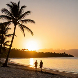 Caribbean Holidays, February Holidays, Golden sunset over a calm Caribbean beach on Nevis, with silhouettes of palm trees and a couple walking by the shoreline