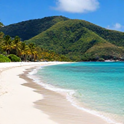 Caribbean Holidays, February Holidays, Green hills and a quiet sandy beach on Tobago, with clear turquoise water and palm trees
