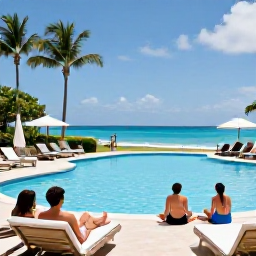 Caribbean Holidays, February Holidays, Guests relaxing beside a Caribbean resort pool in February, with tropical gardens, sun loungers and the sea beyond