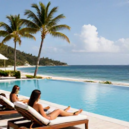 Caribbean Holidays, February Holidays, Guests relaxing beside an infinity pool overlooking a Caribbean beach in Antigua, with sun loungers, palm trees and calm blue sea