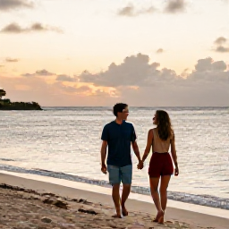 Caribbean Holidays, February Holidays, Happy couple walking along a Saint Kitts beach after sunset, soft golden light, calm sea and relaxed Caribbean holiday mood