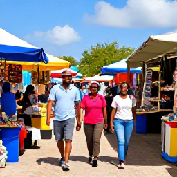 Caribbean Holidays, February Holidays, Happy travellers walking through a sunny Caribbean market in Sint Maarten with colourful stalls and local crafts