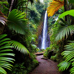 Caribbean Holidays, February Holidays, Lush rainforest trail in the Northern Range of Trinidad with a small waterfall and tropical plants