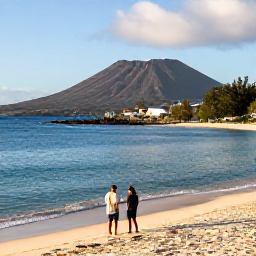 Caribbean Holidays, February Holidays, Nevis coastline with a quiet beach, volcanic mountain backdrop and a couple enjoying a peaceful February afternoon near Charlestown