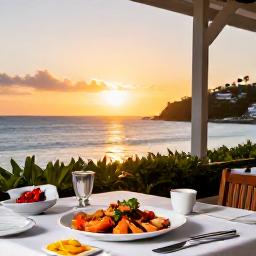 Caribbean Holidays, February Holidays, Outdoor table at a welcoming Caribbean restaurant in Grand Case, Saint Martin, serving local seafood at sunset