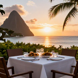 Caribbean Holidays, February Holidays, Outdoor table for two at a Saint Lucia restaurant at sunset, with Caribbean food and ocean views
