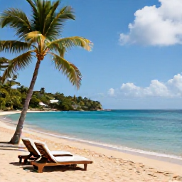Caribbean Holidays, February Holidays, Quiet golden beach in Saint Lucia with two sun loungers, palm trees and calm turquoise sea