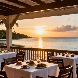 Caribbean Holidays, February Holidays, Relaxed beachfront restaurant in The Bahamas at sunset, with outdoor tables, local food and a view across the calm sea