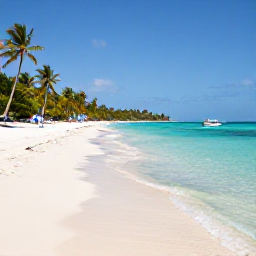Caribbean Holidays, February Holidays, Relaxed Caribbean beach on Tobago with clear turquoise water, soft sand, palm trees and a small boat offshore
