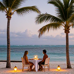 Caribbean Holidays, February Holidays, Romantic beach dinner for two on an Aruba beach, lanterns, simple table setting, palm trees and a calm evening sea