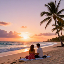 Caribbean Holidays, February Holidays, Romantic sunset picnic for two on a Bahamian beach, colourful sky, gentle waves and palm trees
