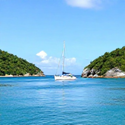 Caribbean Holidays, February Holidays, Sailing boat passing between the green islands of the British Virgin Islands, with clear blue water and a bright sunny sky