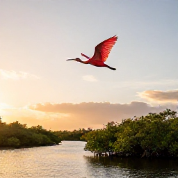 Caribbean Holidays, February Holidays, Scarlet ibis flying over Trinidad's Caroni Swamp at sunset, with mangroves and calm waterways