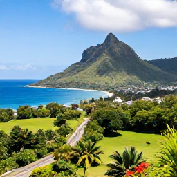 Caribbean Holidays, February Holidays, Scenic view of Mount Liamuiga and the green landscape of Saint Kitts, with a coastal road and tropical vegetation