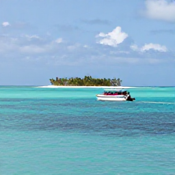 Caribbean Holidays, February Holidays, Small excursion boat travelling across crystal-clear turquoise water towards a quiet Bahamian island, with white sand and palm trees