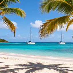 Caribbean Holidays, February Holidays, Sunny tropical beach on Bequia in Saint Vincent and the Grenadines with sailing boats, palm trees and turquoise water