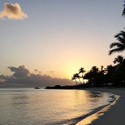 Caribbean Holidays, February Holidays, Sunset over Grace Bay Beach in Turks and Caicos with calm water, soft golden light and silhouettes of palm trees