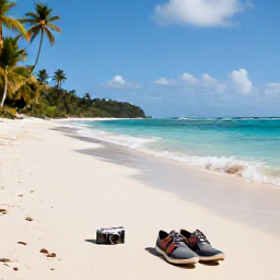 Caribbean Holidays, February Holidays, Traveller relaxing beside a tropical beach in Tobago with a small camera and walking shoes nearby