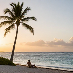 Caribbean Holidays, February Holidays, Traveller relaxing on a quiet Barbados beach at sunrise with palm trees, soft golden light and calm Caribbean water
