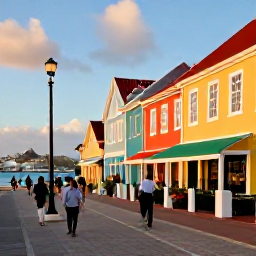 Caribbean Holidays, February Holidays, Visitors enjoying a scenic February afternoon in Charlotte Amalie, Saint Thomas, with colourful buildings, harbour views and local shops