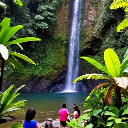 Caribbean Holidays, February Holidays, Visitors exploring lush rainforest and a waterfall in Tobago, with tropical plants, a clear stream and natural Caribbean scenery