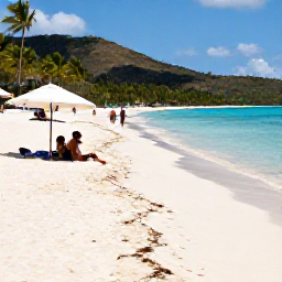 Caribbean Holidays, February Holidays, Visitors relaxing on a wide white-sand Caribbean beach in February, with calm turquoise water, umbrellas and palm-covered hills