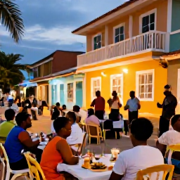 Caribbean Holidays, February Holidays, Warm evening in Port of Spain with outdoor tables, Trinidadian food, colourful buildings and locals enjoying live music