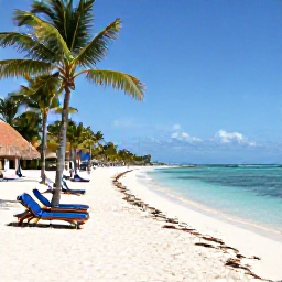 Caribbean Holidays, February Holidays, White sandy beach with palm trees, sun loungers and calm clear water at a Dominican Republic resort